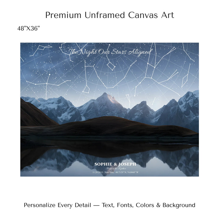 Personalized star map wall art with customizable background, title, names, date, location, and coordinates - 48x36 stretched canvas-ARTFULANE