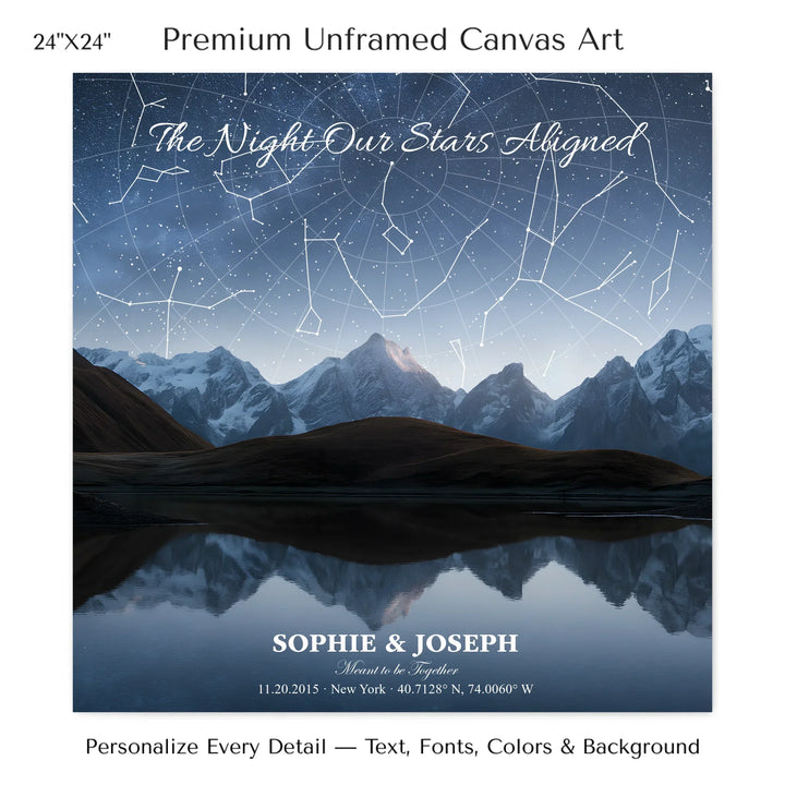 Personalized star map wall art with customizable background, title, names, date, location, and coordinates - 24x24 stretched canvas-ARTFULANE