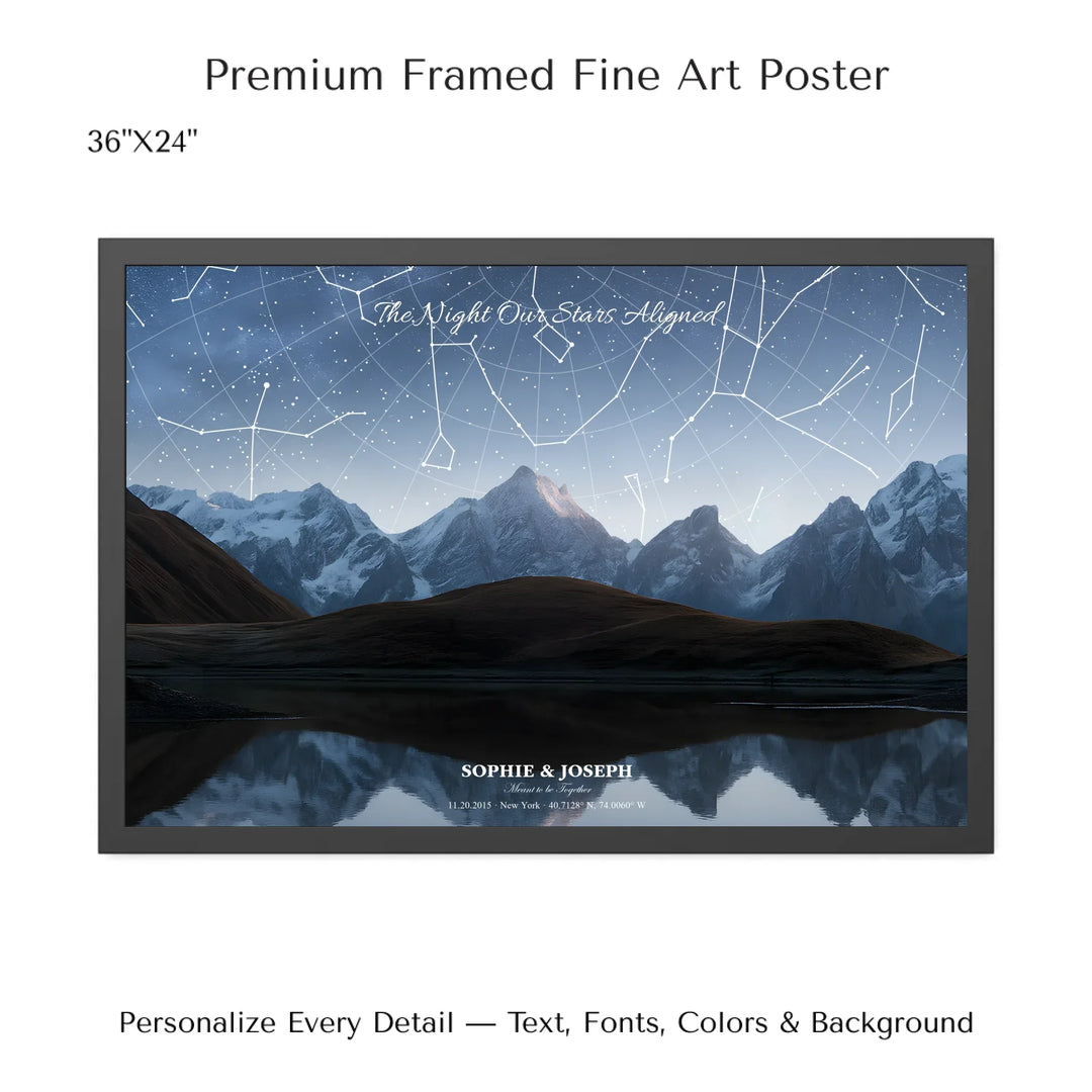 Personalized star map wall art with customizable background, title, names, date, location, and coordinates - 36x24 framed poster-ARTFULANE