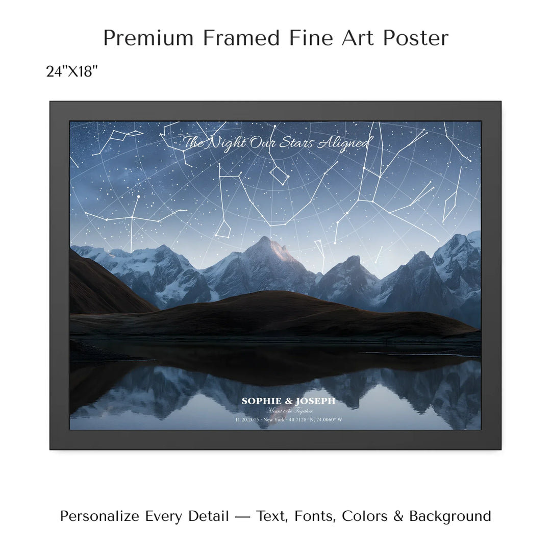 Personalized star map wall art with customizable background, title, names, date, location, and coordinates - 24x18 framed poster-ARTFULANE