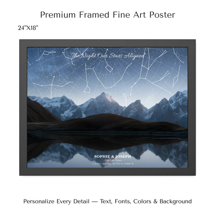 Personalized star map wall art with customizable background, title, names, date, location, and coordinates - 24x18 framed poster-ARTFULANE