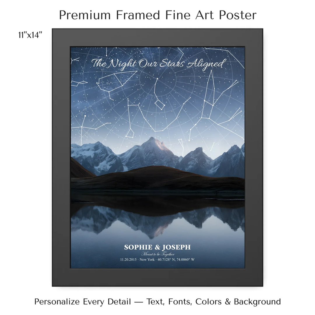 Personalized star map wall art with customizable background, title, names, date, location, and coordinates - 11x14 framed poster-ARTFULANE