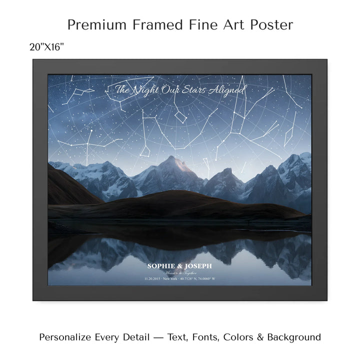 Personalized star map wall art with customizable background, title, names, date, location, and coordinates - 20x16 framed poster-ARTFULANE