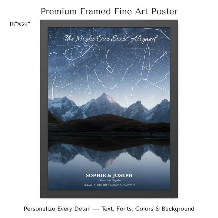 Personalized star map wall art with customizable background, title, names, date, location, and coordinates - 18x24 framed poster-ARTFULANE