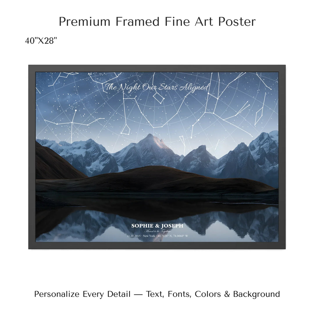 Personalized star map wall art with customizable background, title, names, date, location, and coordinates - 40x28 framed poster-ARTFULANE