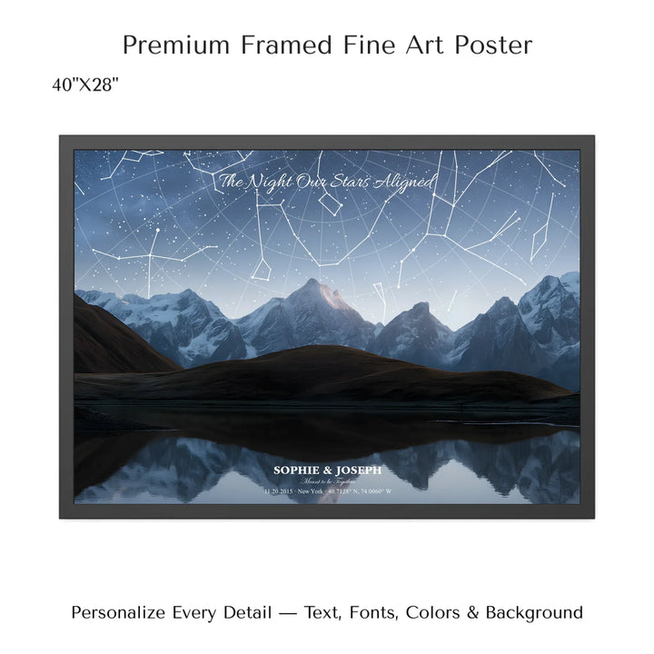 Personalized star map wall art with customizable background, title, names, date, location, and coordinates - 40x28 framed poster-ARTFULANE