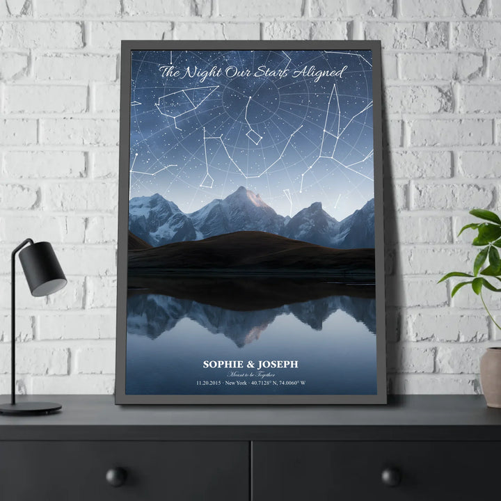 Personalized star map wall art with customizable background, title, names, date, location, and coordinates - 28x40 framed poster on table-ARTFULANE