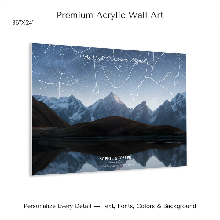 Personalized star map wall art with customizable background, title, names, date, location, and coordinates - 36x24 acrylic print with french cleat-ARTFULANE