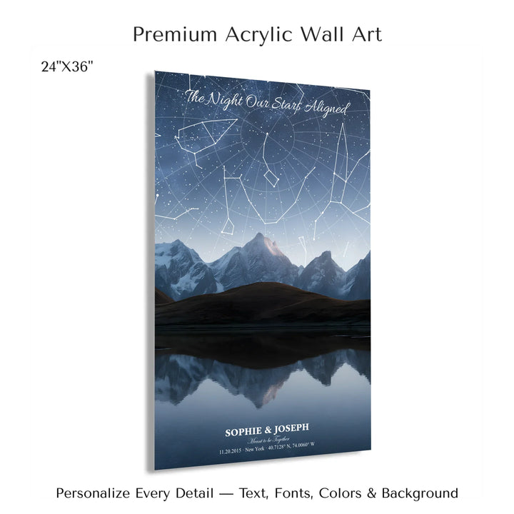 Personalized star map wall art with customizable background, title, names, date, location, and coordinates - 24x36 acrylic print with french cleat-ARTFULANE