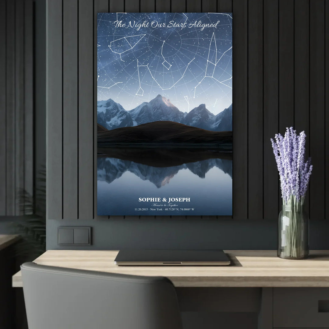 Personalized star map wall art with customizable background, title, names, date, location, and coordinates - 24x36 acrylic print french with cleat context-ARTFULANE