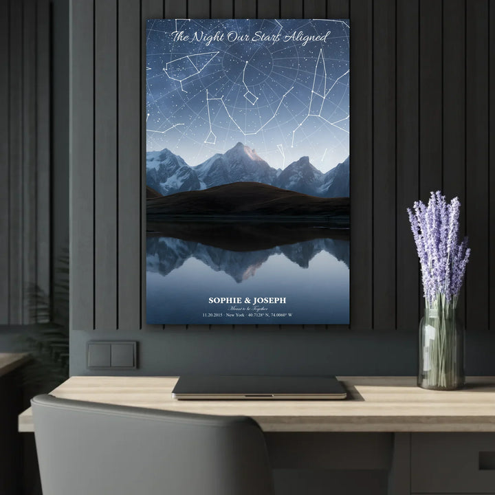 Personalized star map wall art with customizable background, title, names, date, location, and coordinates - 24x36 acrylic print french with cleat context-ARTFULANE