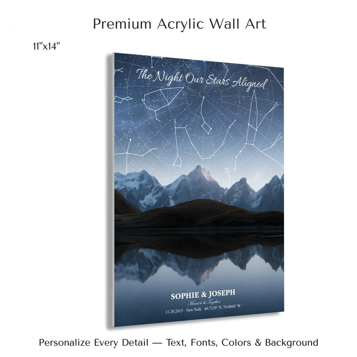 Personalized star map wall art with customizable background, title, names, date, location, and coordinates - 11x14 acrylic print with french cleat-ARTFULANE