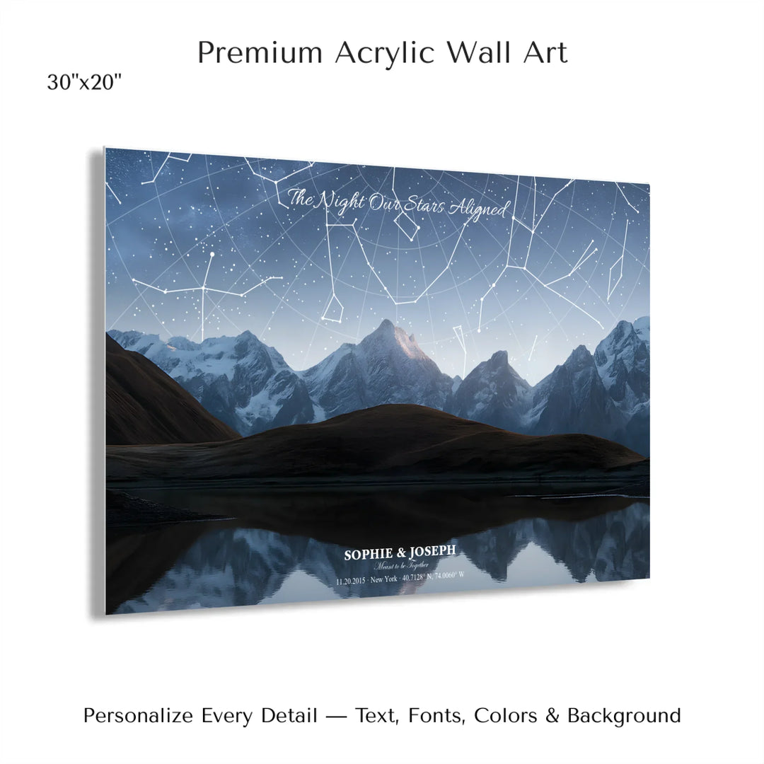 Personalized star map wall art with customizable background, title, names, date, location, and coordinates - 30x20 acrylic print with french cleat-ARTFULANE