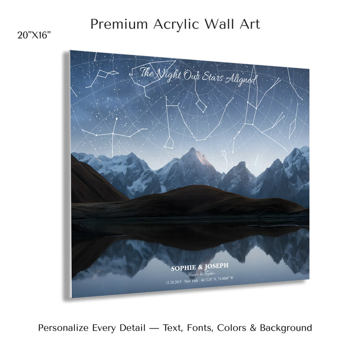 Personalized star map wall art with customizable background, title, names, date, location, and coordinates - 20x16 acrylic print with french cleat-ARTFULANE