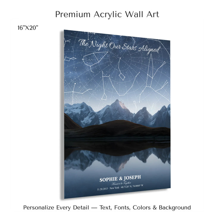 Personalized star map wall art with customizable background, title, names, date, location, and coordinates - 16x20 acrylic print with french cleat-ARTFULANE