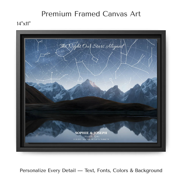 Personalized star map wall art with customizable background, title, names, date, location, and coordinates - 14x11 framed canvas-ARTFULANE