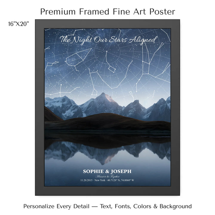 Personalized star map wall art with customizable background, title, names, date, location, and coordinates - 16x20 framed poster-ARTFULANE