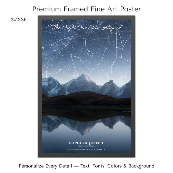 Personalized star map wall art with customizable background, title, names, date, location, and coordinates - 24x36 framed poster-ARTFULANE