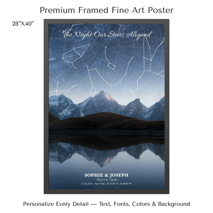 Personalized star map wall art with customizable background, title, names, date, location, and coordinates - 28x40 framed poster-ARTFULANE