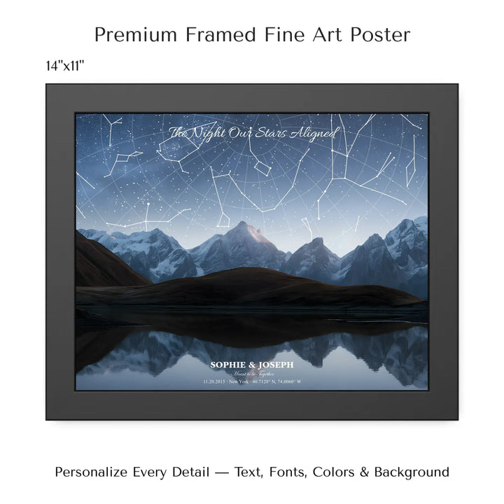 Personalized star map wall art with customizable background, title, names, date, location, and coordinates - 14x11 framed poster-ARTFULANE