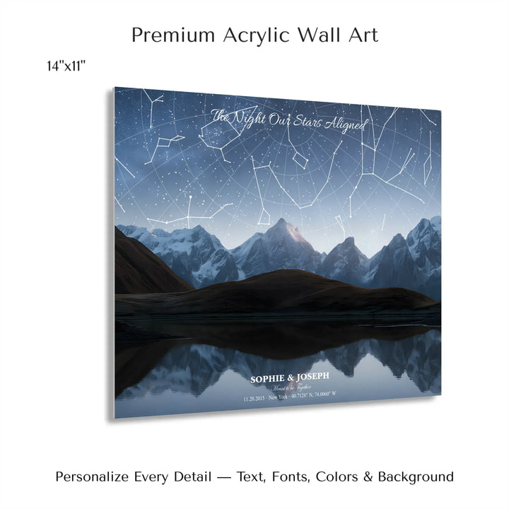 Personalized star map wall art with customizable background, title, names, date, location, and coordinates - 14x11 acrylic print with french cleat-ARTFULANE