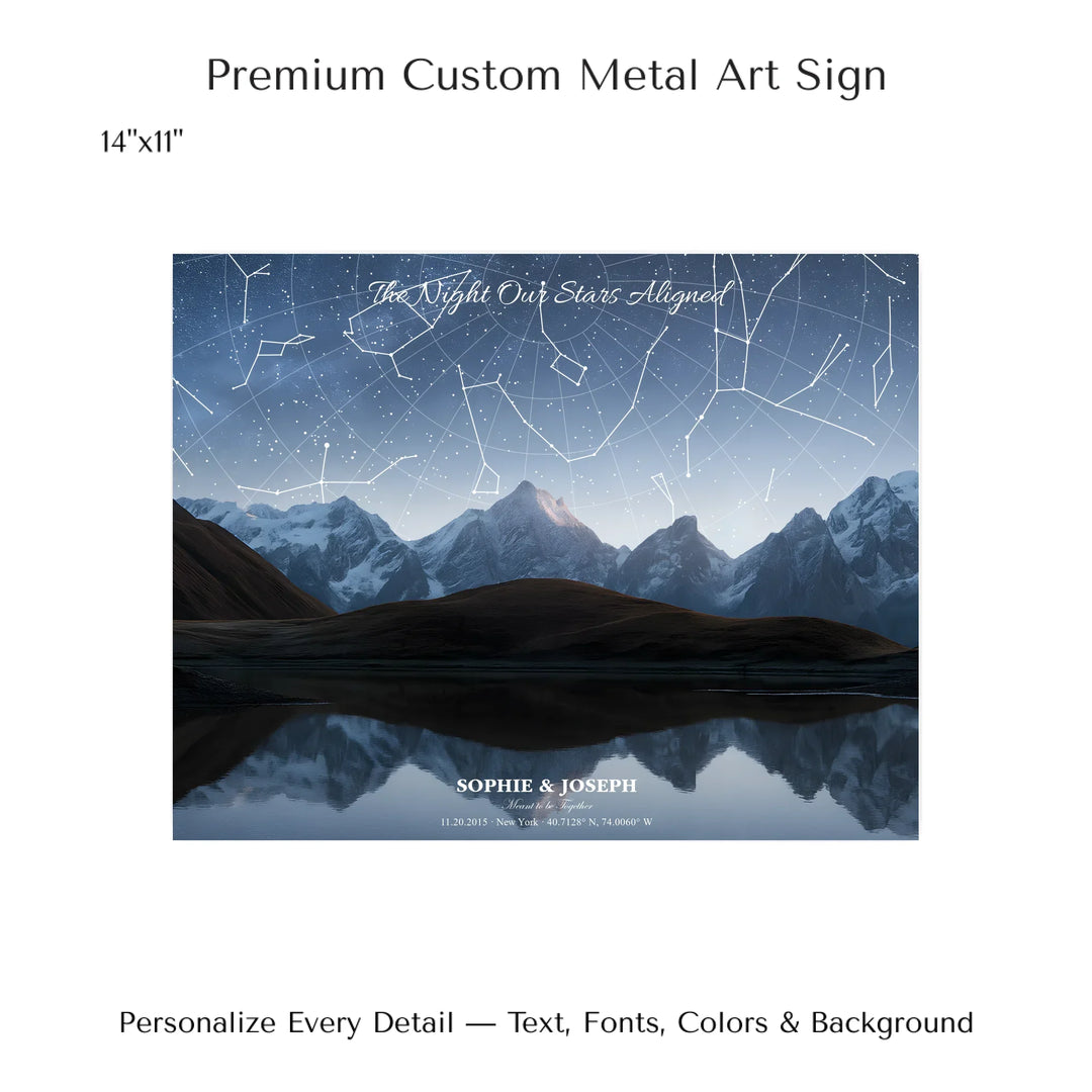 Personalized star map wall art with customizable background, title, names, date, location, and coordinates - 14x11 metal art sign-ARTFULANE