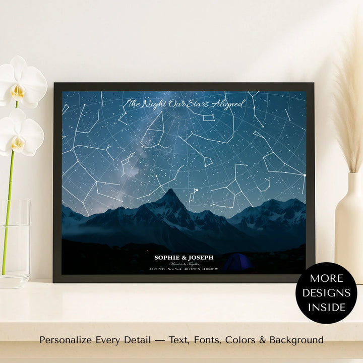 Personalized star map wall art with mountain landscape, custom night sky, constellation lines, and editable names, date, and coordinates -framed canvas on shelf-ARTFULANE