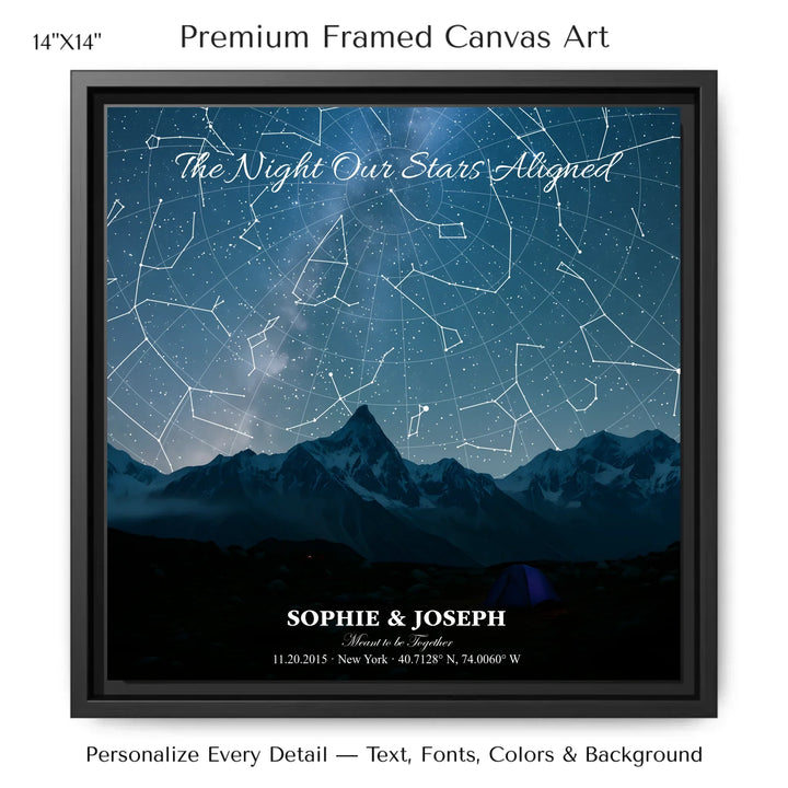 Personalized star map wall art with customizable background, title, names, date, location, and coordinates - 14x14 framed canvas-ARTFULANE