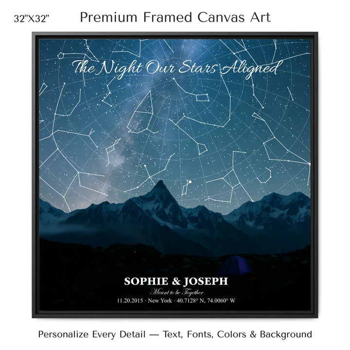 Personalized star map wall art with customizable background, title, names, date, location, and coordinates - 32x32 framed canvas-ARTFULANE