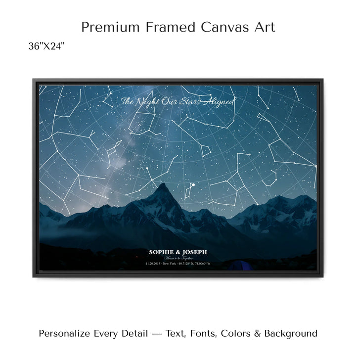 Personalized star map wall art with customizable background, title, names, date, location, and coordinates - 36x24 framed canvas-ARTFULANE