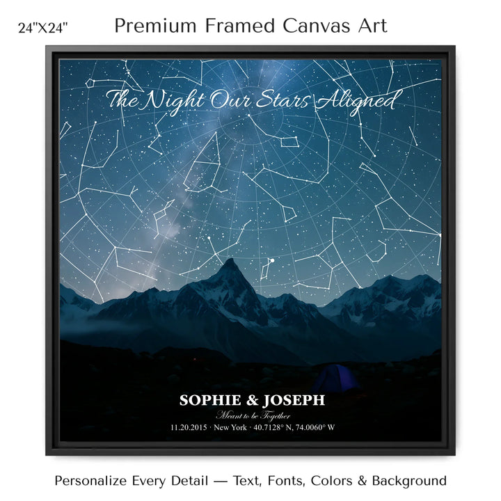 Personalized star map wall art with customizable background, title, names, date, location, and coordinates - 24x24 framed canvas-ARTFULANE