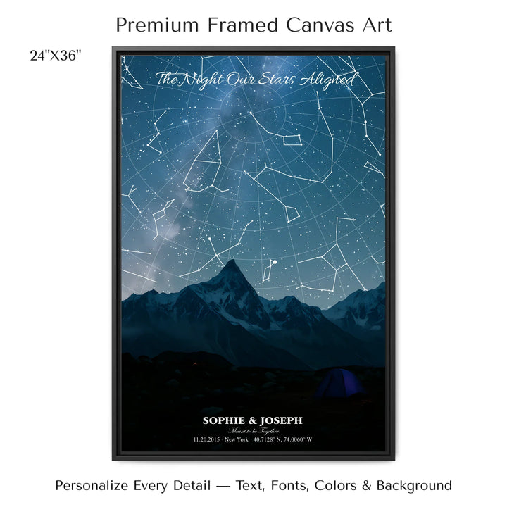 Personalized star map wall art with customizable background, title, names, date, location, and coordinates - 24x36 framed canvas-ARTFULANE