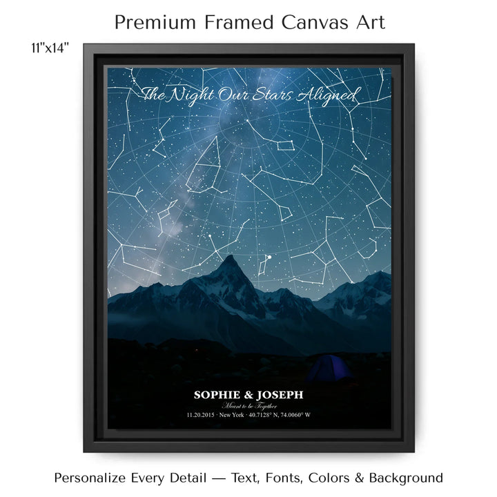 Personalized star map wall art with customizable background, title, names, date, location, and coordinates - 11x14 framed canvas-ARTFULANE
