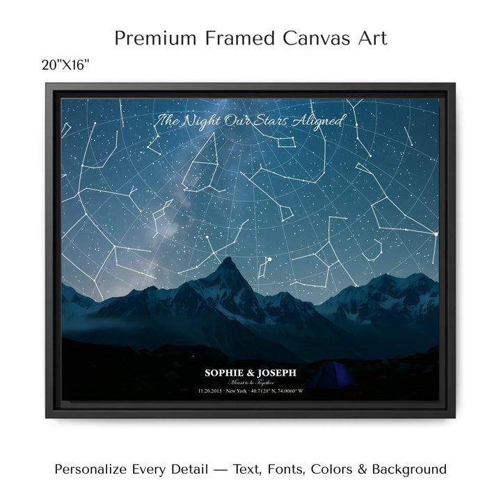 Personalized star map wall art with customizable background, title, names, date, location, and coordinates - 20x16 framed canvas-ARTFULANE