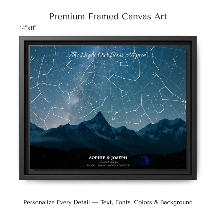 Personalized star map wall art with customizable background, title, names, date, location, and coordinates - 14x11 framed canvas-ARTFULANE