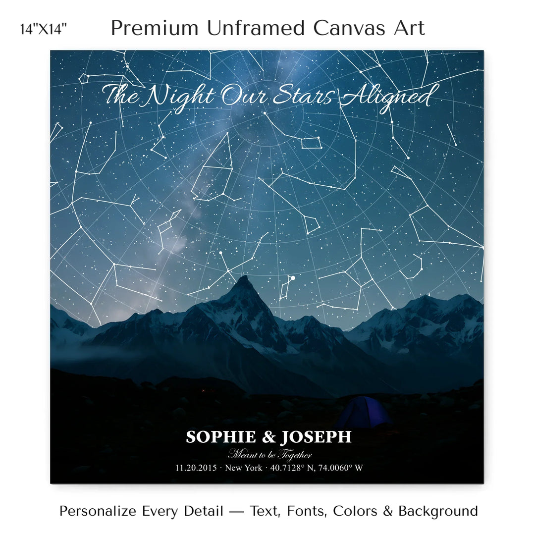 Personalized star map wall art with customizable background, title, names, date, location, and coordinates - 14x14 stretched canvas-ARTFULANE