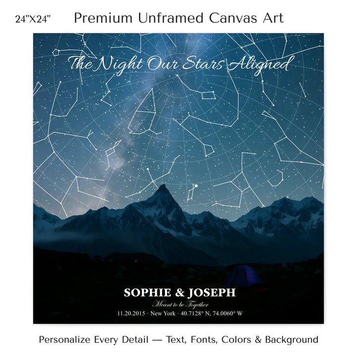 Personalized star map wall art with customizable background, title, names, date, location, and coordinates - 24x24 stretched canvas-ARTFULANE
