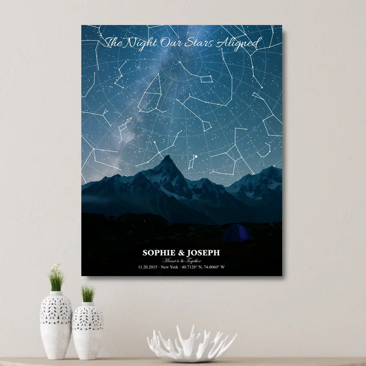 Personalized star map wall art with customizable background, title, names, date, location, and coordinates - unframed canvas on wall-ARTFULANE
