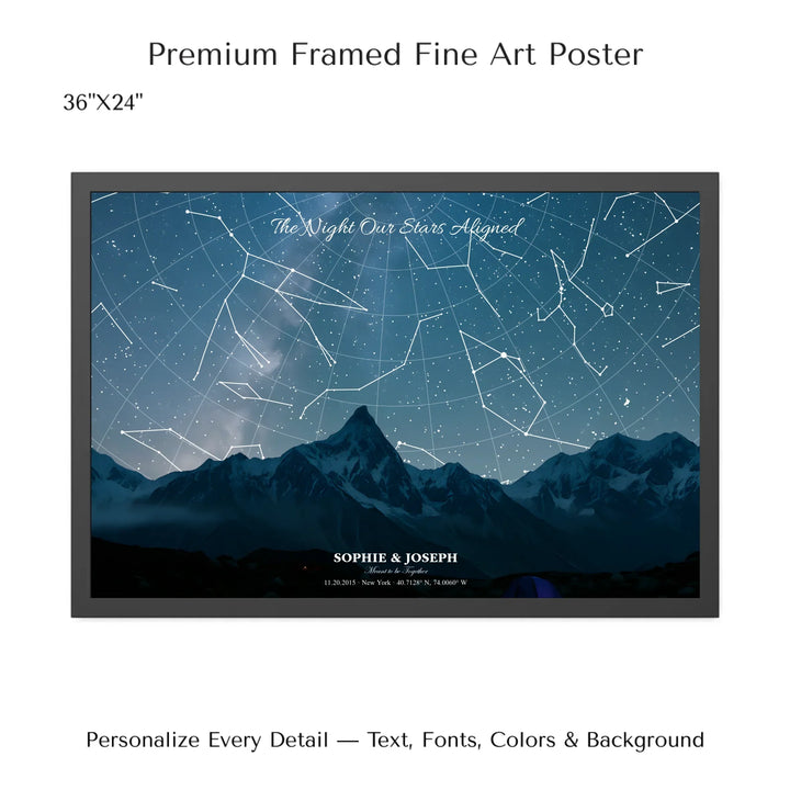 Personalized star map wall art with customizable background, title, names, date, location, and coordinates - 36x24 framed poster-ARTFULANE