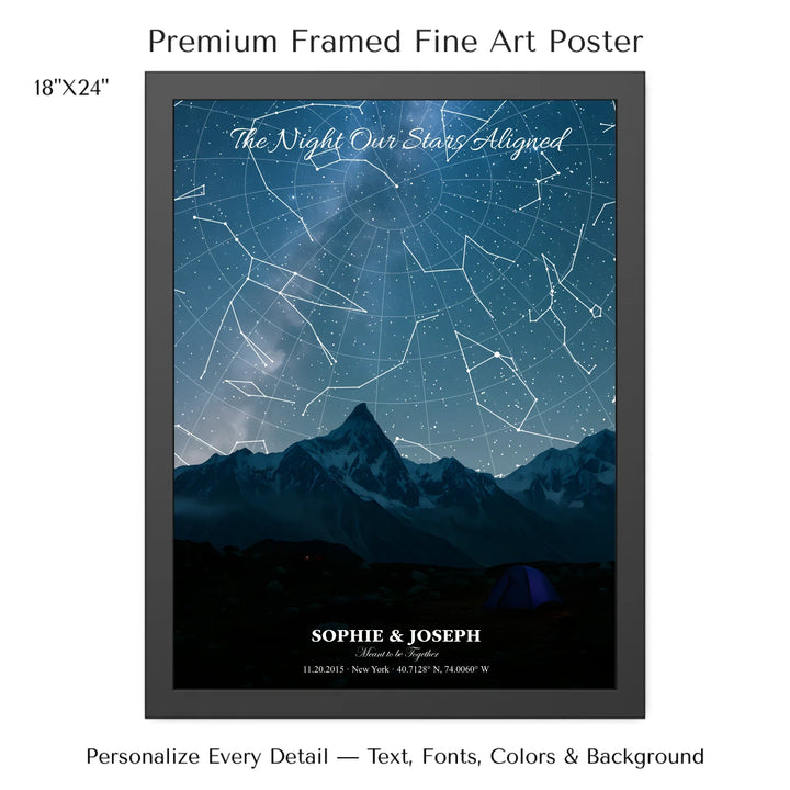 Personalized star map wall art with customizable background, title, names, date, location, and coordinates - 18x24 framed poster-ARTFULANE