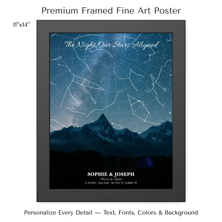 Personalized star map wall art with customizable background, title, names, date, location, and coordinates - 11x14 framed poster-ARTFULANE