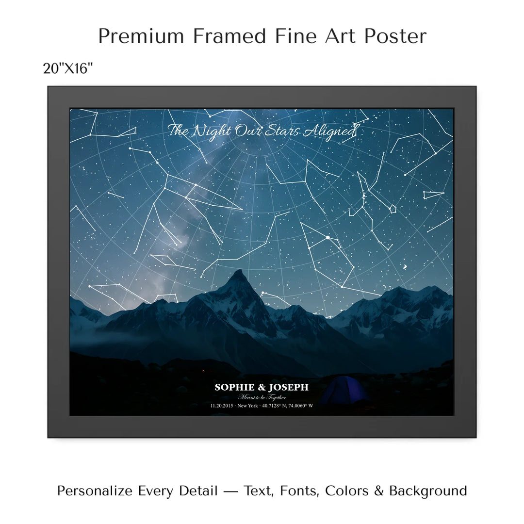 Personalized star map wall art with customizable background, title, names, date, location, and coordinates - 20x16 framed poster-ARTFULANE