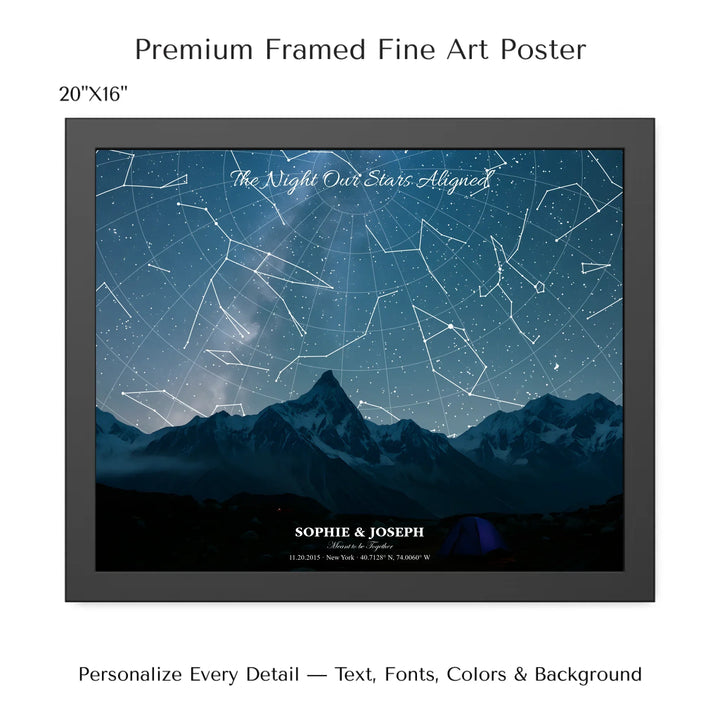 Personalized star map wall art with customizable background, title, names, date, location, and coordinates - 20x16 framed poster-ARTFULANE