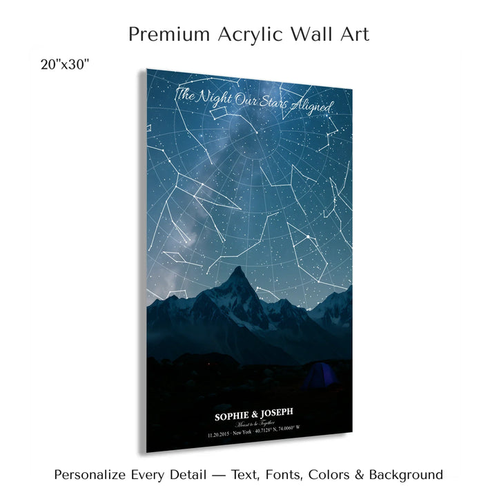 Personalized star map wall art with customizable background, title, names, date, location, and coordinates - 20x30 acrylic print with french cleat-ARTFULANE