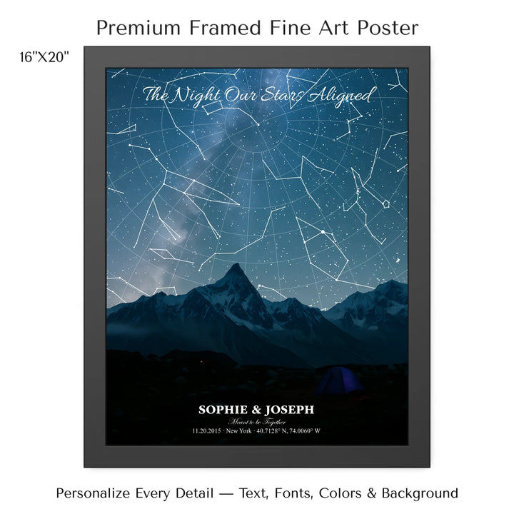 Personalized star map wall art with customizable background, title, names, date, location, and coordinates - 16x20 framed poster-ARTFULANE