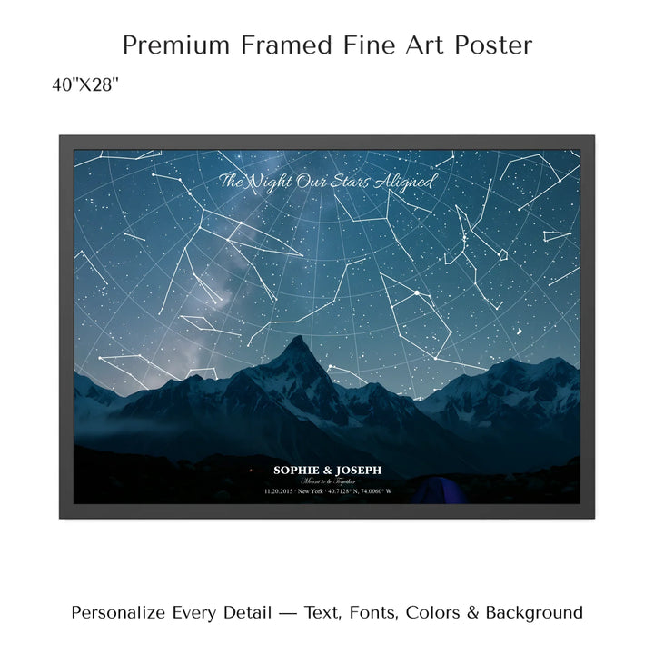 Personalized star map wall art with customizable background, title, names, date, location, and coordinates - 40x28 framed poster-ARTFULANE