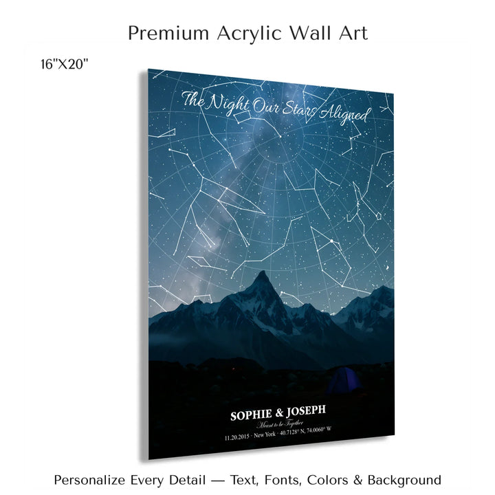 Personalized star map wall art with customizable background, title, names, date, location, and coordinates - 16x20 acrylic print with french cleat-ARTFULANE