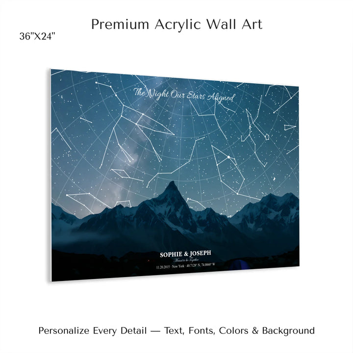 Personalized star map wall art with customizable background, title, names, date, location, and coordinates - 36x24 acrylic print with french cleat-ARTFULANE