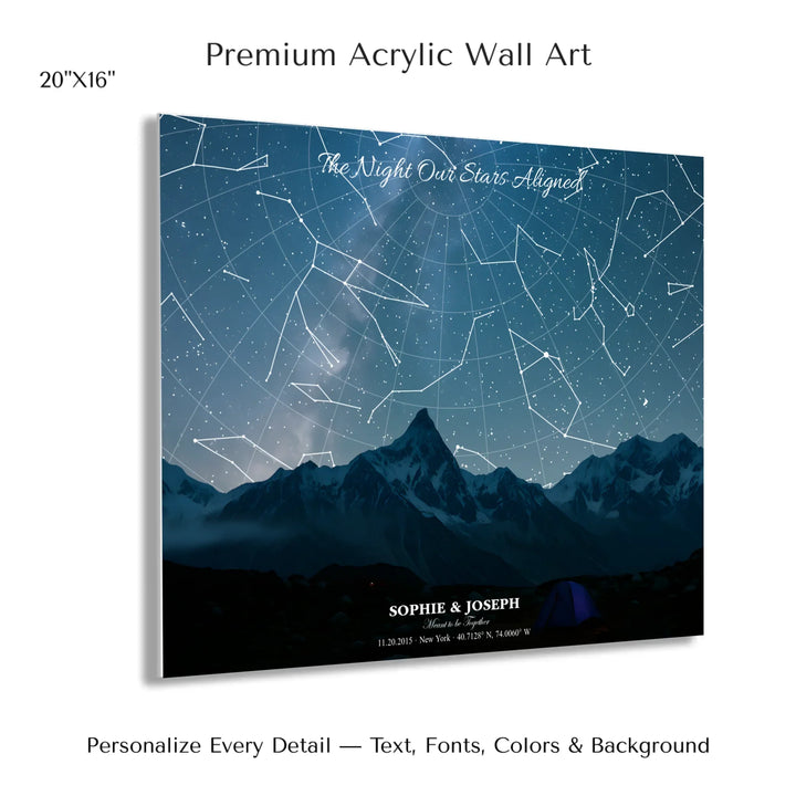 Personalized star map wall art with customizable background, title, names, date, location, and coordinates - 20x16 acrylic print with french cleat-ARTFULANE