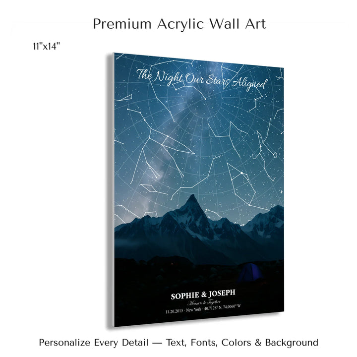 Personalized star map wall art with customizable background, title, names, date, location, and coordinates - 11x14 acrylic print with french cleat-ARTFULANE